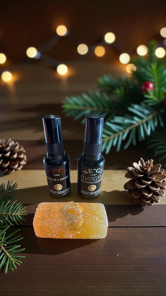 Coffret de Noël NE-GY + PO+GY huiles essentielles + Savon avec pierre dorée à la feuille d'or + cadeau surprise