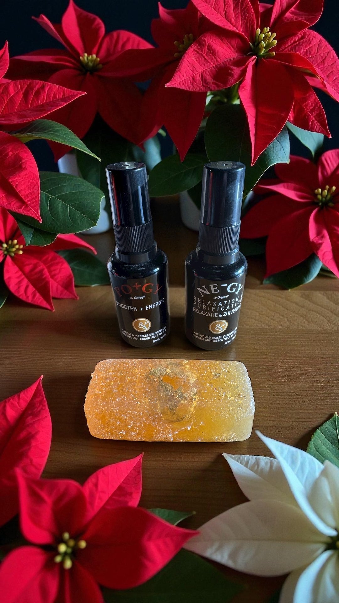 Coffret de Noël NE-GY + PO+GY huiles essentielles + Savon avec pierre dorée à la feuille d'or + cadeau surprise