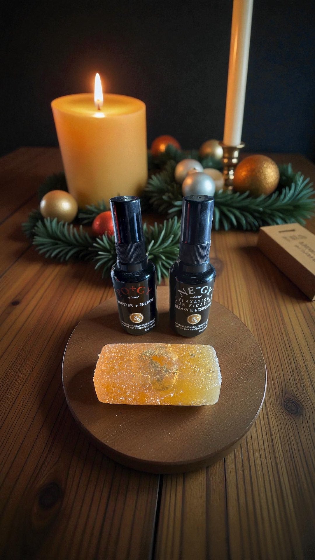 Coffret de Noël NE-GY + PO+GY huiles essentielles + Savon avec pierre dorée à la feuille d'or + cadeau surprise